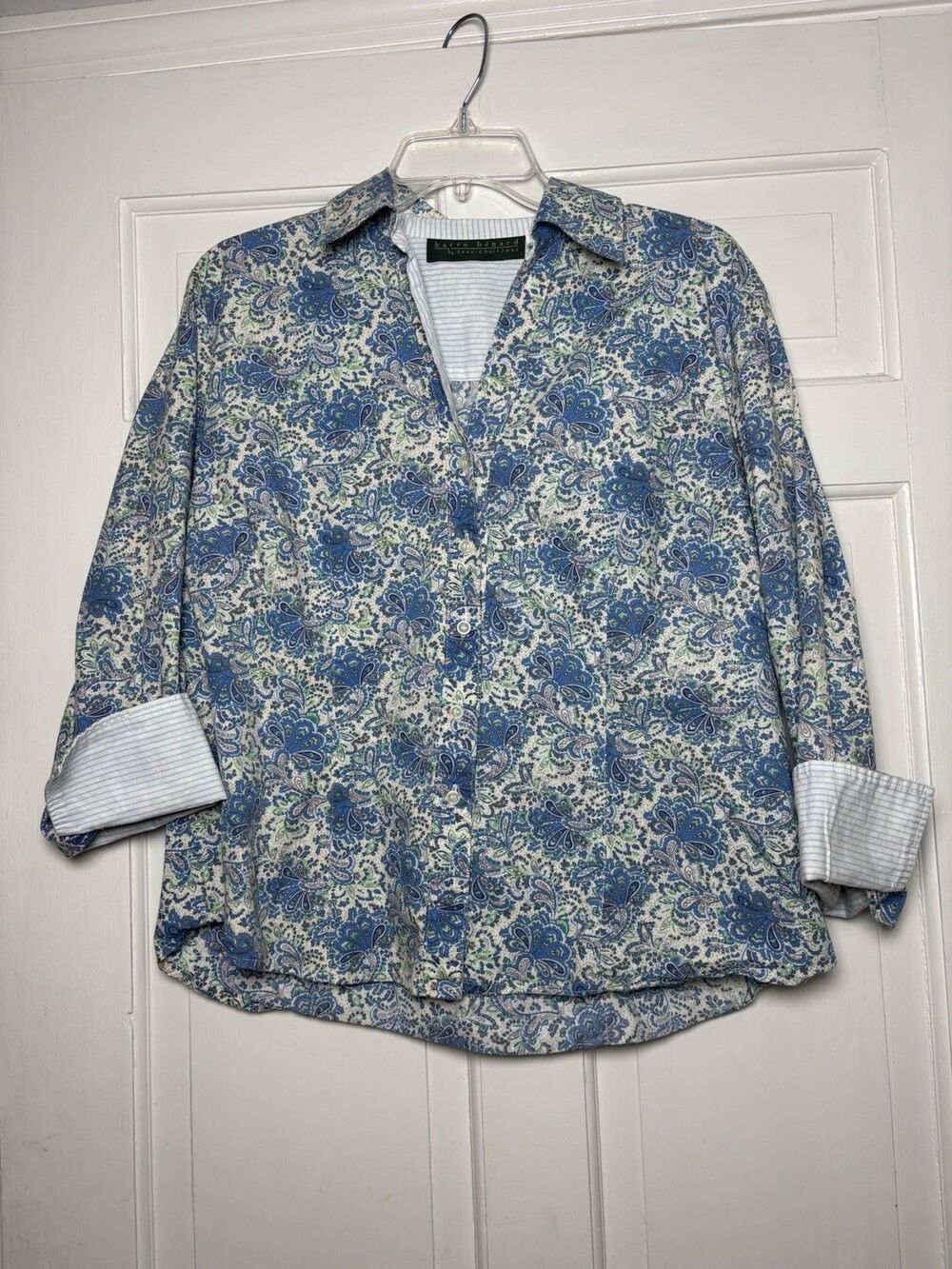 Harve Benard Women's XL Button-Up Blue Floral Shirt 3/4 Sleeve Contrast Pattern